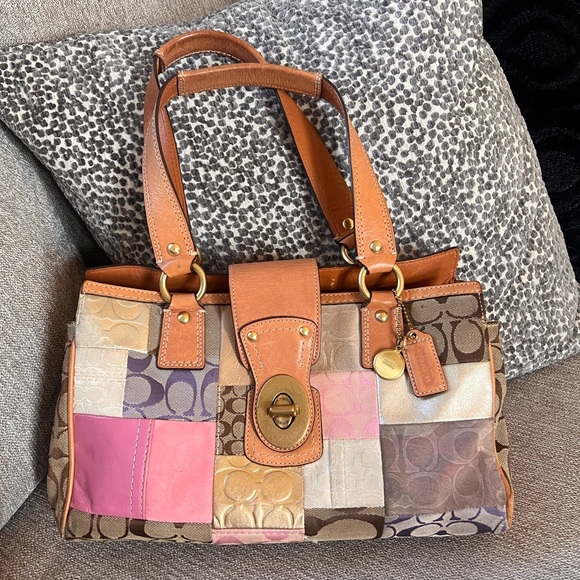 Coach Handbags - Coach Pink Brown Multicolor Stripe Spring Patchwork Satchel Shoulder Bag